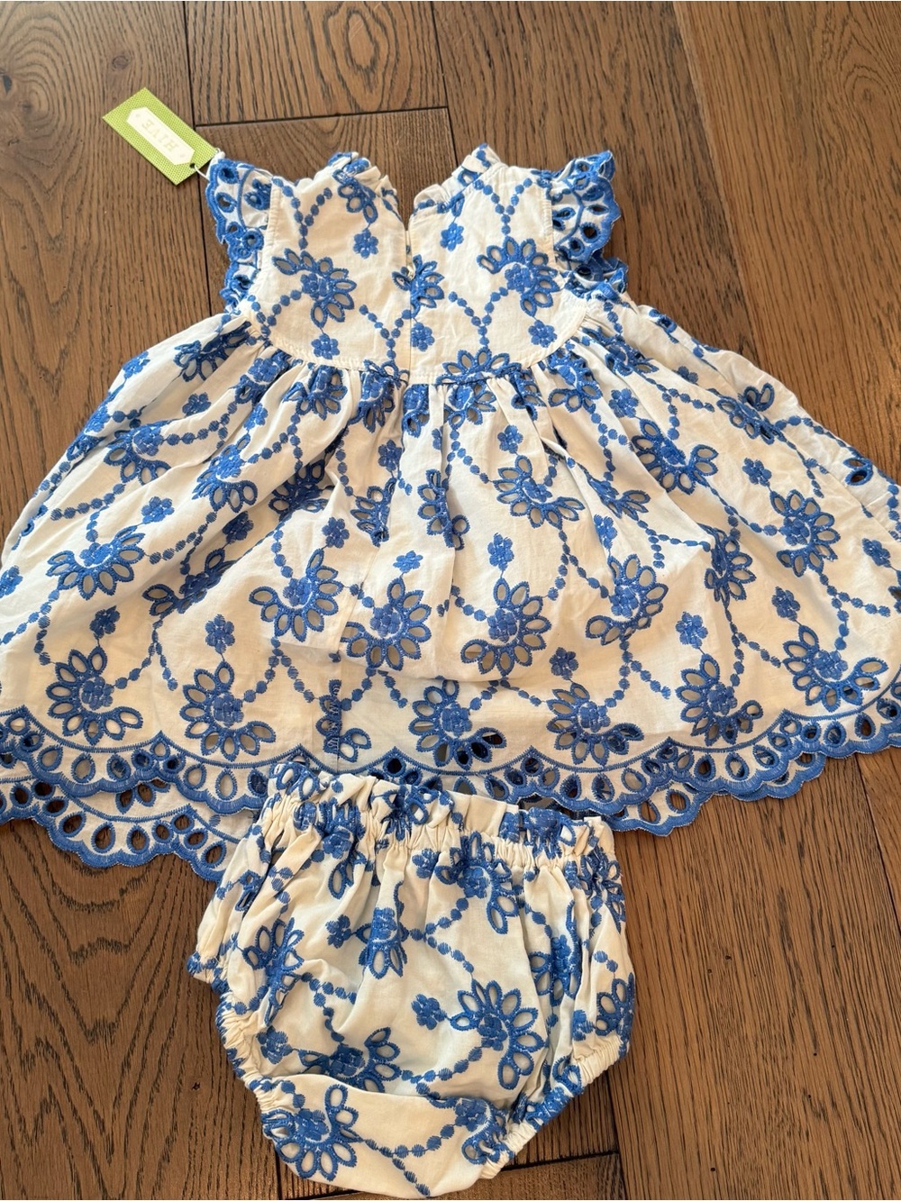 Pink Chicken Cynthia Dress 12-18M Blue Eyelet Embroidered Dress + Bloomer NWT